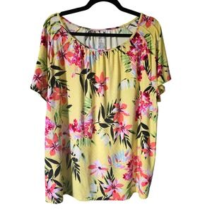 Croft‎ & Barrow Yellow Floral Quilted Texture Scoop Neck Tunic Top Women Plus 1X
